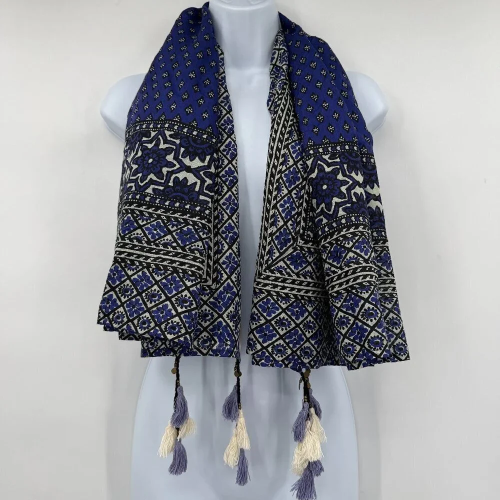 World Market Blue Boho Tassel Scarf Artist’s Cocoon Rayon NWT